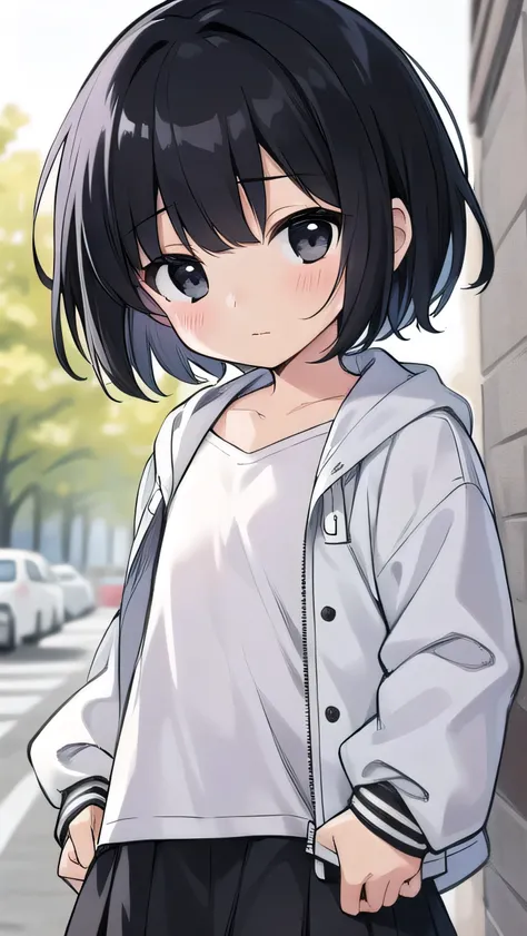 Black hair, short cut, kind face, modest personality, round head, sagging eyes, droopy eyes, girl, elementary school student, a little thin, jacket too big, white jacket, white T-shirt, pink miniskirt, black hair, bangs A little short, black eyes,flat ches...