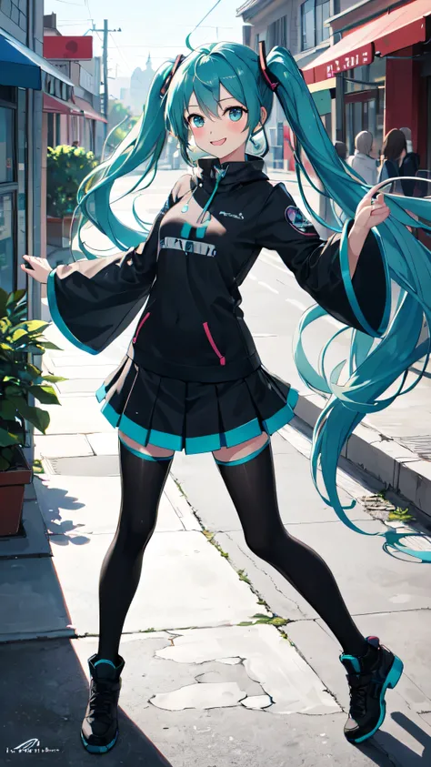 best quality, masterpiece, high resolution, solitary, (Hatsune_future_Blue File:1.10), 1 girl, Wide sleeves, Long sleeve, Looking at the audience, Heart, blush, flowering, Smile, outdoor, Residence, Print 14 ,full-body shot,Dancing posture