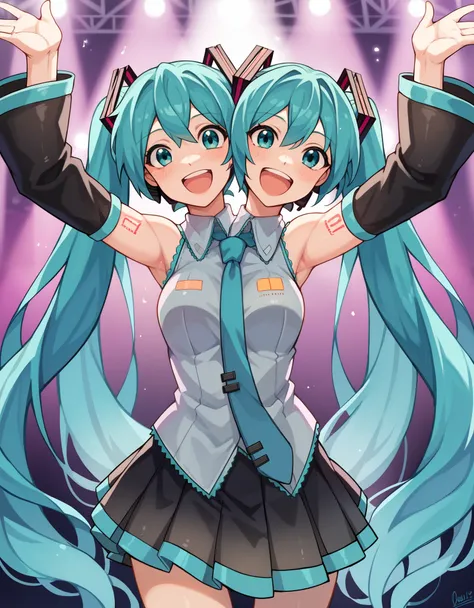 (masterpiece, best quality), best resolution, two heads, 1girl, hatsune miku, aqua hair, twin tails, long hair, aqua eyes, open ...