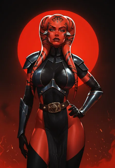 (best quality, masterpiece, highly detailed), 1girl, (red skin), sexy busty Twi’lek, sleek black Sith armor, futuristic plate armor, helmet, breastplate, pauldrons, bracers, gloves. large breasts, long flowing pelvic curtain, black leggings. Star Wars, bla...