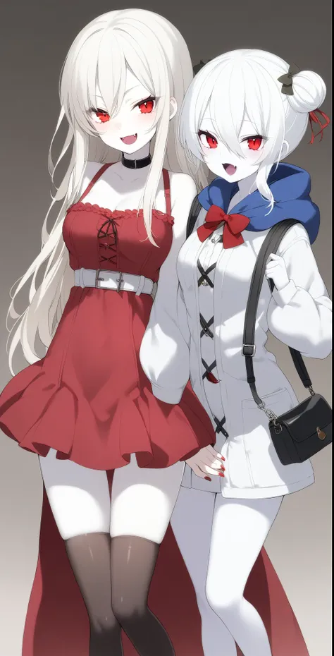 2 Girls、Recommended hairstyle、Red Eyes、The fangs grow、vampire、high school student、Pure white and pale skin、Pure white hair、Mid-winter clothes、Height 150〜Over 180cm、vampire学園の生徒、Red nails、Pure white skin、Slightly large breasts、vampire化女子