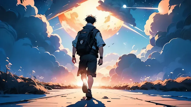 The protagonist is depicted from behind, Walk with confidence towards a brighter future. His journey has changed from uncertainty to determination., And now、Moving forward to understand what matters most. The sky is wide and spacious, Filled with shining l...