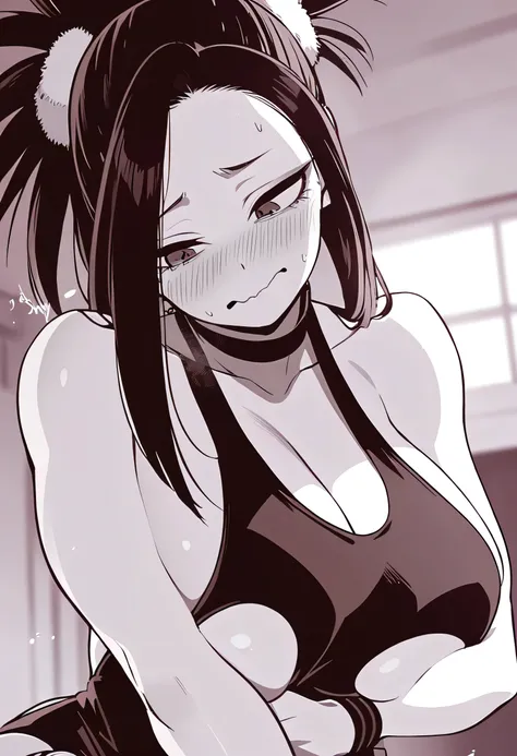 Momo Yaoyorozu from my hero academia, wearing erotic dress, shy, blushing, wavy mouth, huge breasts