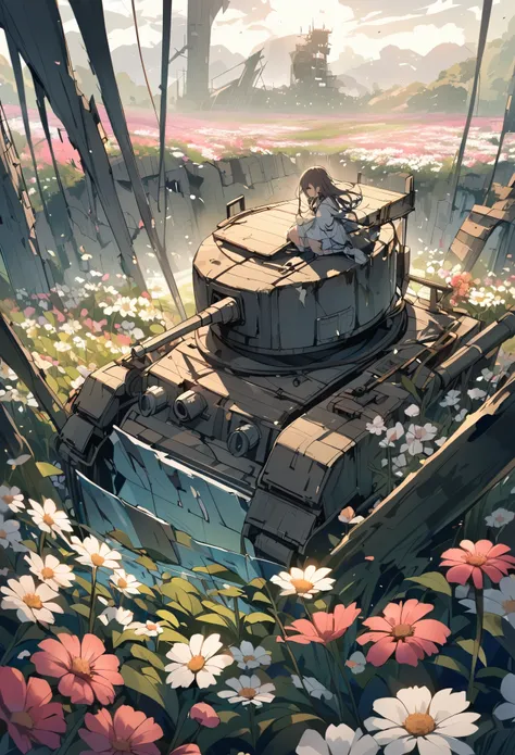 A decaying tank in the middle of a vast flower field、Girl playing