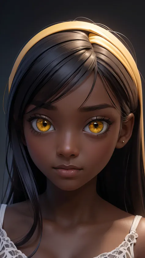 1 girl, (dark skin:1.2), shy, cute, cold expression, (8k, RAW photo, best quality, masterpiece:1.2), (realistic, photorealistic:1.2) (ultra-detailed, Super detailed, detailed face:1.2), vivid colors, studio lighting, portrait, Yellow coloured eyes, blank e...