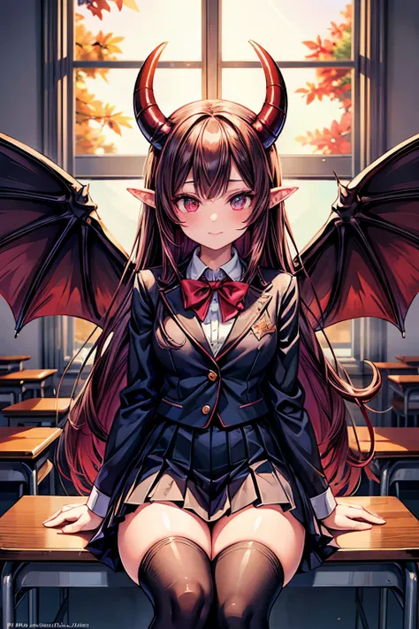 masterpiece, best quality, ultra detailed, succubus, demon horn, demon ears, demon tail, demon wings, school, classroom, fantasy school uniform, high school student, from front, POV, glamorous, black straight long hair