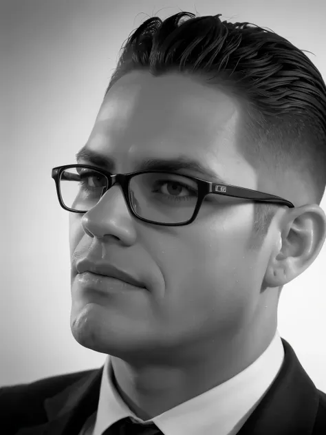 ***A professional portrait of a man with short, black, tapered hair in a modern fade cut, wearing rectangular glasses. He is dressed in formal attire, with a buttoned-down shirt and tie, reminiscent of the 1930s style. The image is in sepia, with a monochr...