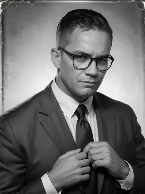 ***A professional portrait of a man with short, black, tapered hair in a modern fade cut, wearing rectangular glasses. He is dressed in formal attire, with a buttoned-down shirt and tie, reminiscent of the 1930s style. The image is in sepia, with a monochr...