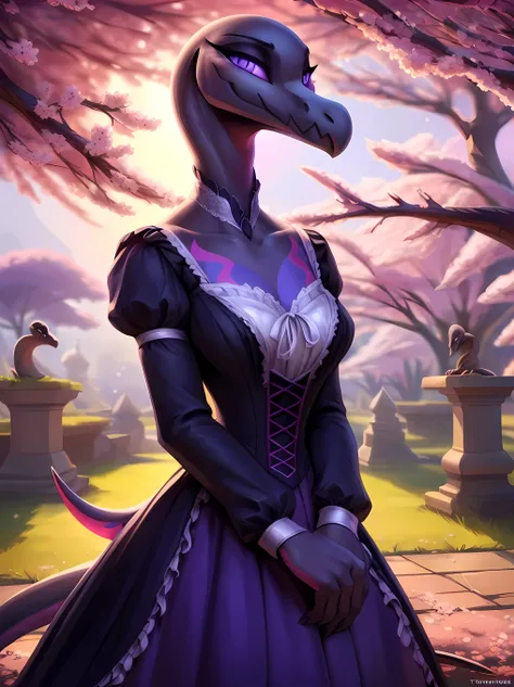 uploaded on e621, ((Salazzle)) by Pixelsketcher, by Bayard Wu, by Thomas Benjamin Kennington , by Einshelm, anthro, ((portrait, face focus, close-up)), BREAK, ((victorian dress:1.2)), full dress, flower print on Victorian dress, flowers on dress, black Vic...