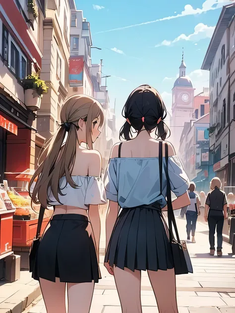 sideview,2girls, (we are the main characters),(looking away),(random pose), black short high twintail, offshoulder, cute tube top, leather micro mini skirt,Lots of shopping bags、walking, shopping, window shopping, fun atmosphere, European street corner, sh...