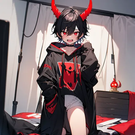 A demon boy that have  with 1 red Horn, red demon eyes, he have black hair and have small demon teeth, he simply wear a black hoodie, he stand up in his bedroom