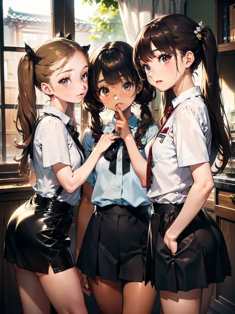 (((masterpiece, best quality)))，(((three girls)))，(((three girls)))，((small:1.3))，long eyelashes，dark skin, very small young gir...