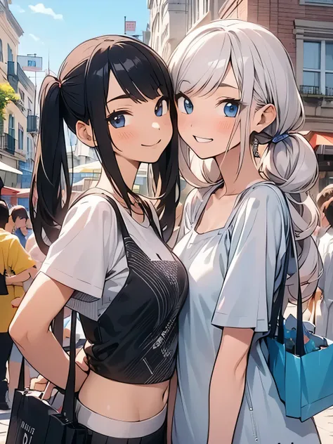 2girls, (we are the main characters),(looking at viewer),(close up face),(random pose),Good friends、 black short high twintail, offshoulder, cute tube top, leather micro mini skirt,Lots of shopping bags、walking, shopping, window shopping, fun atmosphere, E...