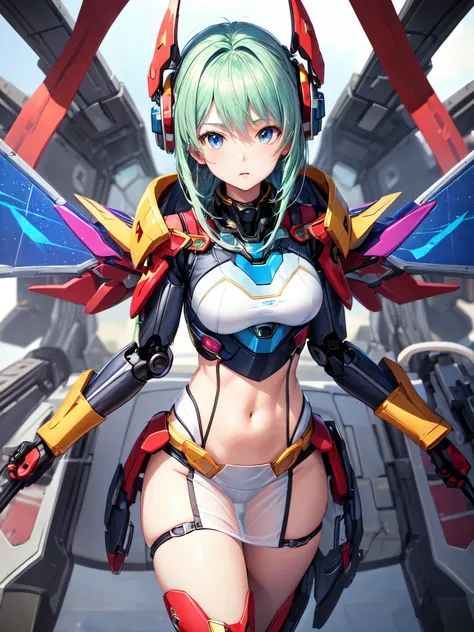 Female anime style Dorbach , Mecha See-through Uniform 2D, Dynamic pose, Turn around, 【Spaceship ((Best Quality)), ((masterpiece)), (detailed) ((Centered Images))((The chest is visible))