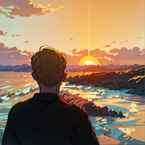 there is a man that is looking at the sunset over the water, with sunset, looking out at a sunset, looking at sunset, with a sunset, during a sunset, sunset view, during sunset, during golden hour, looking off into the sunset, taken at golden hour, at a be...