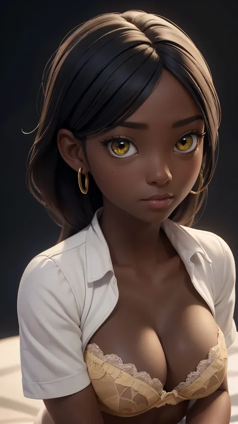 1 girl, (dark skin:1.2), shy, cute, cold expression, (8k, RAW photo, best quality, masterpiece:1.2), (realistic, photorealistic:1.2) (ultra-detailed, Super detailed, detailed face:1.2), vivid colors, studio lighting, portrait, Yellow coloured eyes, blank e...