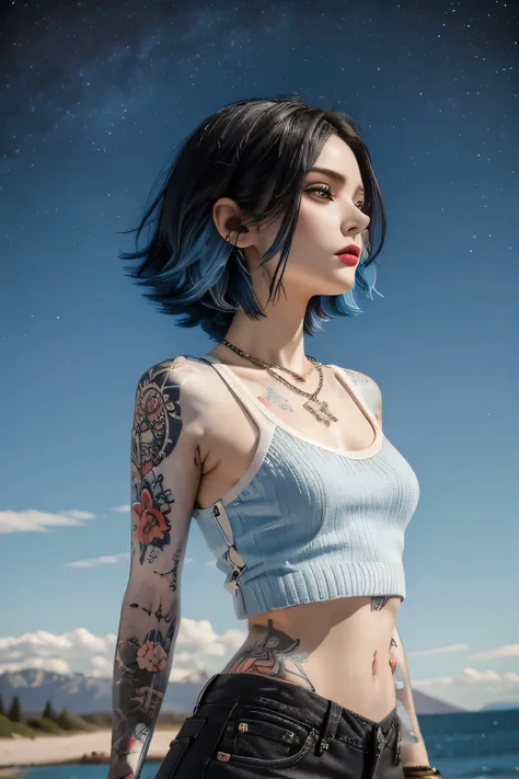 (((black hair, colored inner hair, blue hair))). (bob without bangs) hairstyle with volume,Ukrainian young woman((very pale white skin)), toned body,
((tattoo))((red crop top)) (knit vest), (shredded LACE-UP denim SKIRT), many(necklaces), (Many earrings)(m...