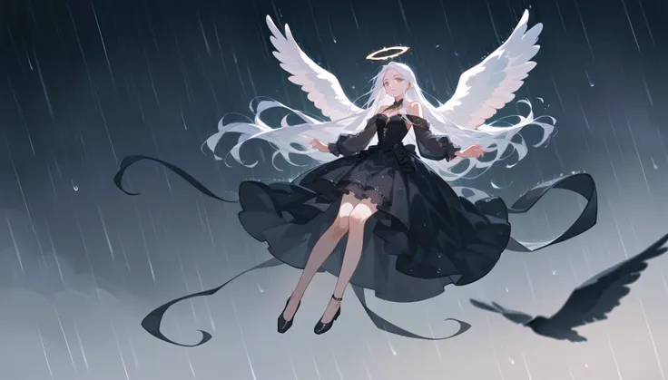 1 girl, angel, long hair, black dress, flying, rain heavy, beautiful, full body