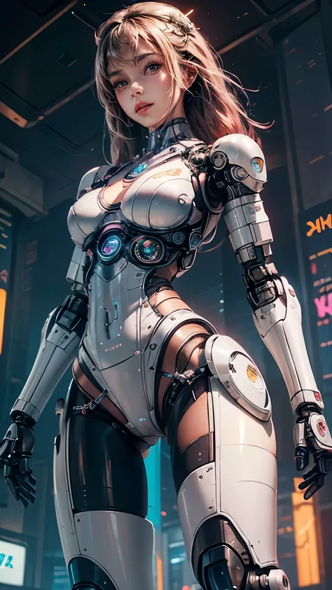 cyborg girl, beautiful girl, young girl, thin girl, thin waist, medium breasts, gap between thighs, (she has cybernetic arms, ro...