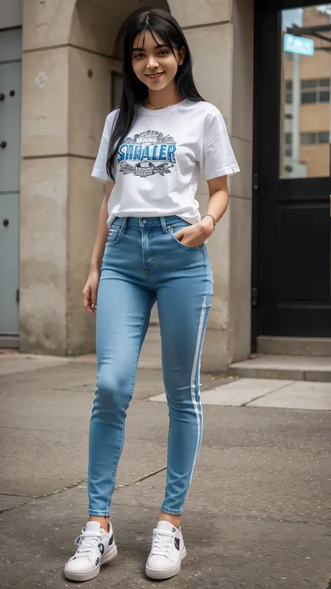 A girl is standing 、Full body photo、White striped t-shirt, Blue skinny jeans, Black Hair,、Ear piercing、 , smile, with sneaker, University
