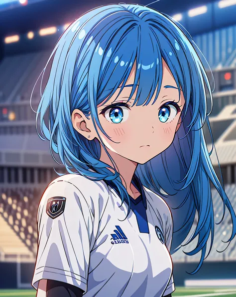 Best Quality, 32K, High resolution, masterpiece:1.5, One beautiful girl, Anime-style illustrations, Rich emotional expression, An exceptionally beautiful face, Perfect Human Anatomy, Big starry eyes, ((Expressionless:1.5)), ((Shiny blue hair:1.3)), Short B...