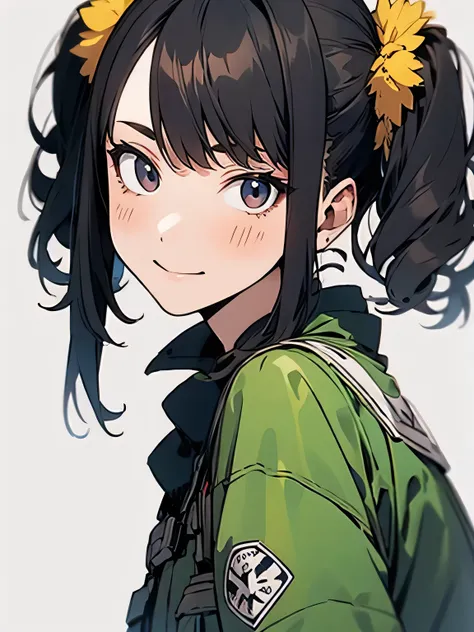 1girl, (Im the main characters),(looking at viewer),(close up face),(random pose), black short high twintail, offshoulder,hunting rifle, green beret, combat uniform, sniper, (manga style), (sketch), (illustration),