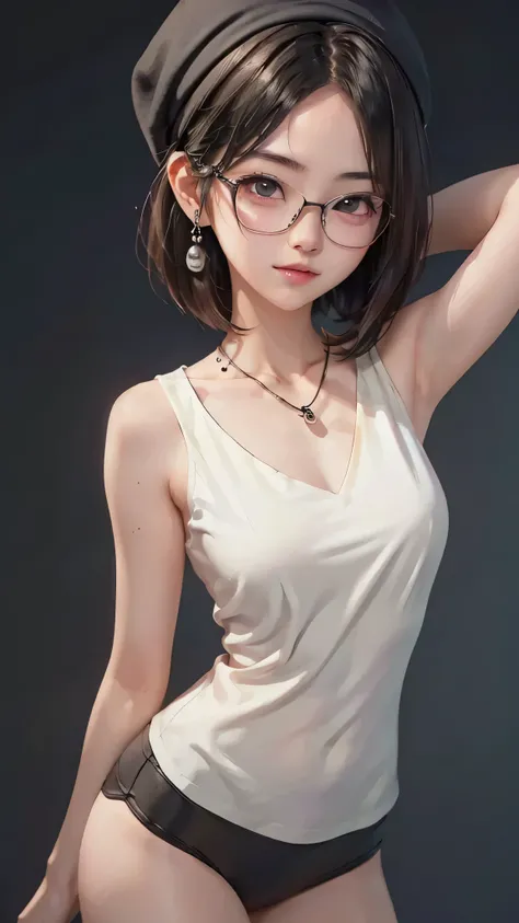 Not fit for work, young, anime girl, glasses, black hair,blows, without underwear, short hair, skull earrings, black skull cap, open clothing, horsetail, Medium layer hair, big breasts, high quality, armpits, looking at the viewer, black background, heart ...