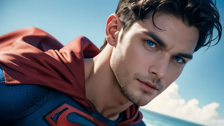 Jamie dornan, ((Men only)), (head shot), (face only), (handsome muscular man in his 20s), (superman), (Superman, a fictional superhero, is characterized by his chiseled physique, blue eyes, dark hair, and iconic red and blue costume with a bold "S" emblem ...