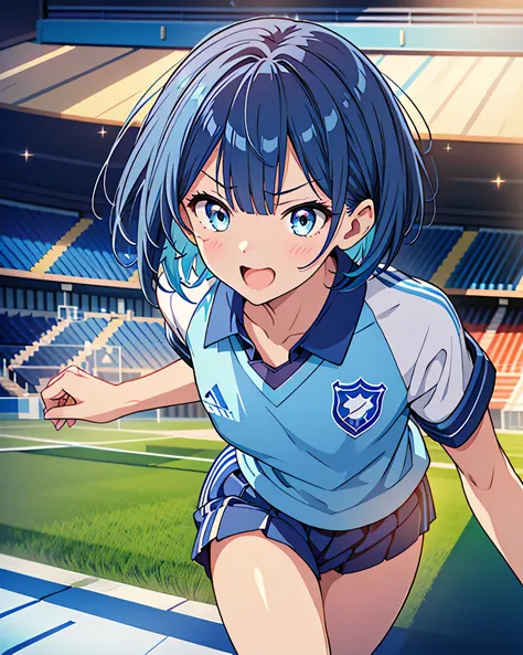 Best Quality, 32K, High resolution, masterpiece:1.5, One beautiful girl, Anime-style illustrations, Rich emotional expression, An exceptionally beautiful face, Perfect Human Anatomy, Big starry eyes, ((Serious and fun look:1.5)), Blue hair that shines like...