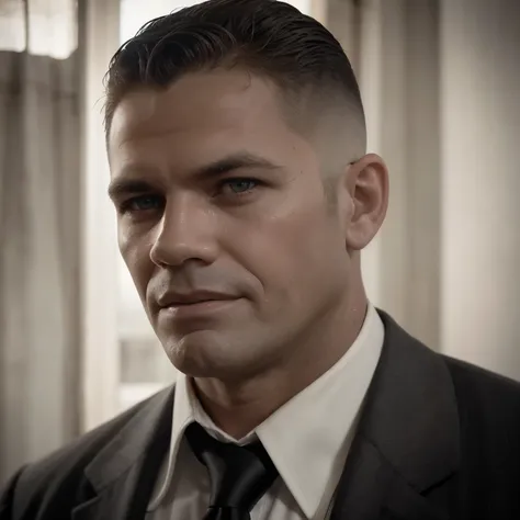 A professional portrait of a man with short, black, tapered hair in a modern fade cut. He is dressed in formal attire, with a buttoned-down shirt and tie, reminiscent of the 1970s style. The image is in sepia, with a monochromatic tone, giving it a classic...