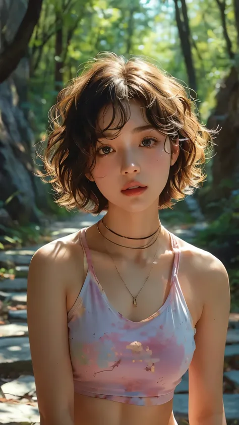 Realistic style，Hyper-Reality，Cool summer girl，Slightly curly short hair，Sportswear，Forest stone road，Dappled light and shadow，Super real，