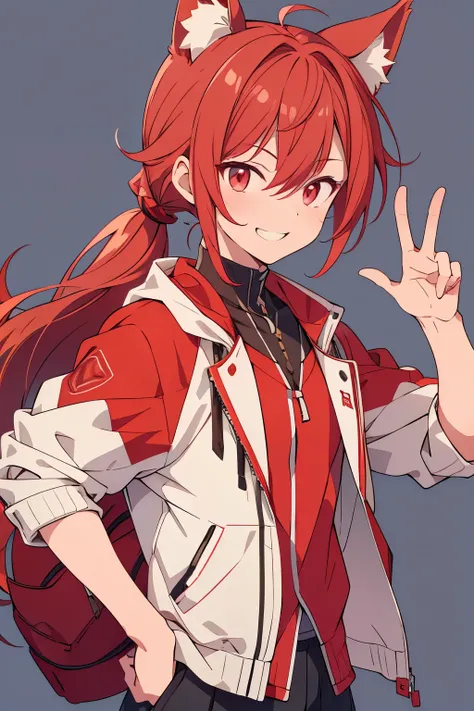 A high school boy with wolf ears, red hair, a ponytail and red open eyes is smiling and making a peace sign next to his eyes