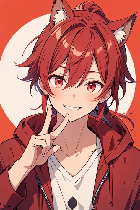 A high school boy with wolf ears, red hair, a ponytail and red open eyes is smiling and making a peace sign next to his eyes