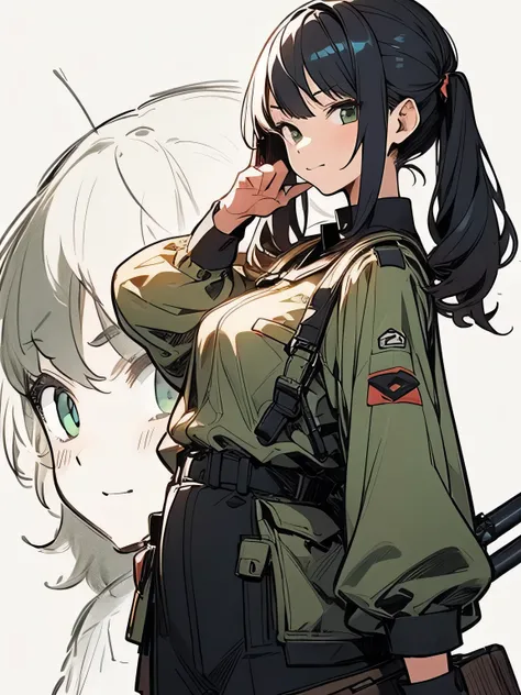 1girl, (Im the main characters),(looking at viewer),(random pose), black short high twintail, offshoulder,hunting rifle, green beret, combat uniform, sniper, (manga style), (sketch), (illustration),