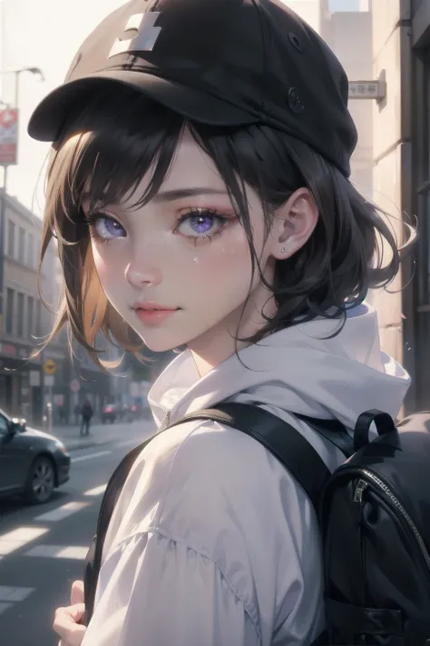 a girl with a (violet eyes) and a ((sad smile)) covered in white bandages, detailed eyes, (sad smile), wearing a baggy hoodie, ((teary eyes)), carrying a backpack and wearing a (black cap), (best quality,4k,8k,highres,masterpiece:1.2),ultra-detailed,(reali...