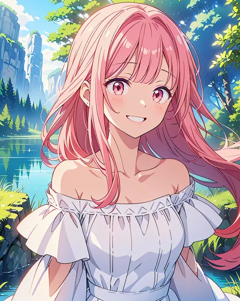 Best Quality, 32K, High resolution, masterpiece:1.5, One beautiful girl, Anime-style illustrations, Rich emotional expression, An exceptionally beautiful face, Perfect Human Anatomy, Big red eyes, ((Smiling profile looking up at the sky)), Shocking pink ha...