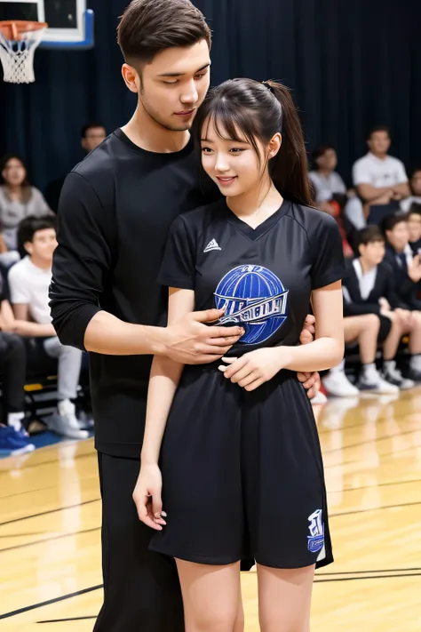 (masterpiece、best quality)、a woman's clothes are transparent、basketball、女はbasketballの服、sweat、a man hugs her from behind、man grab...