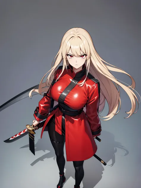 create an image 3:4 in 4k anime style, traces of manhwa coreano, traces of manhwa, girl with long platinum hair in the wind, Serious and impactful look, red eyes, red latex jacket, mini short preto, girl with a samurai sword in her hand, She is standing, s...