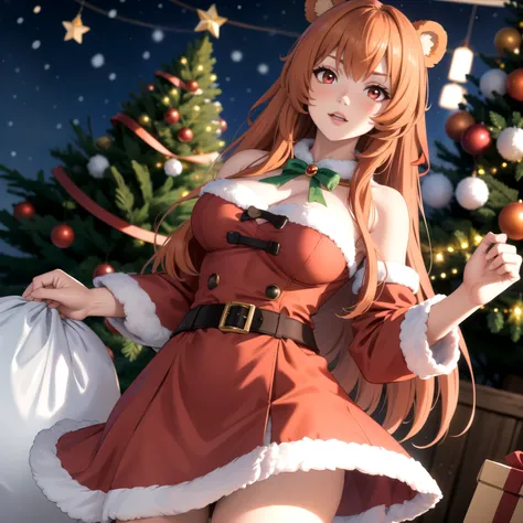 Raphtalia woman 3 straight orange hair , bear ears, ruby red eyes., pale  , cowboy shot, (Santa Claus dress) christmas tree background.