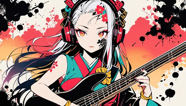 (((Ink Painting))), ((Japanese style headphones)), (((Japanese pattern tattoo on face))), Electric Bass, Gorgeous Hair Accessories, Japanese, Vibrant colors