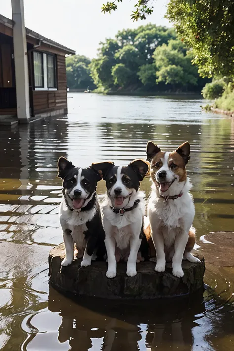 Please make the picture of the 3 little dogs above have fluffy fur., wet and clearer about water levels around the house