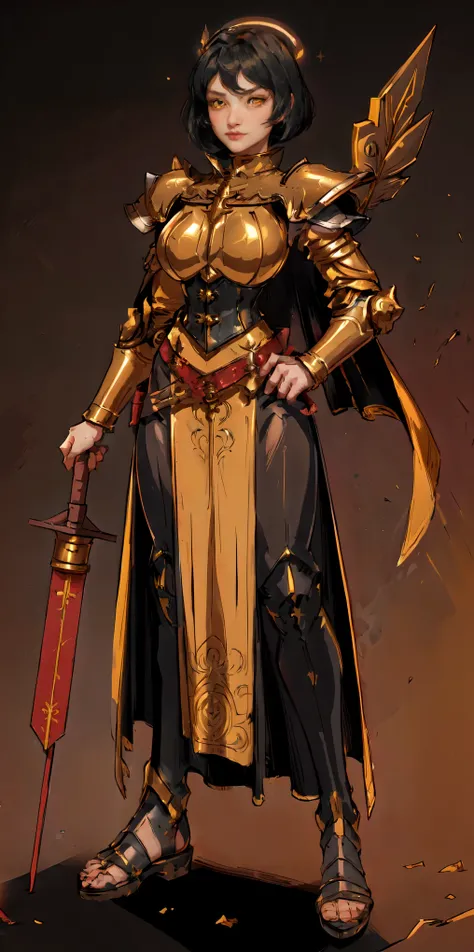 (Black background) paladin lady in ornate golden armor, black collar, pauldrons, breastplate, leather corset, glowing halo, short bob hair style, yellow glowing eyes, bright pupils, eye focus, red cape (full body, whole body, 1solo girl) fighter, loincloth...