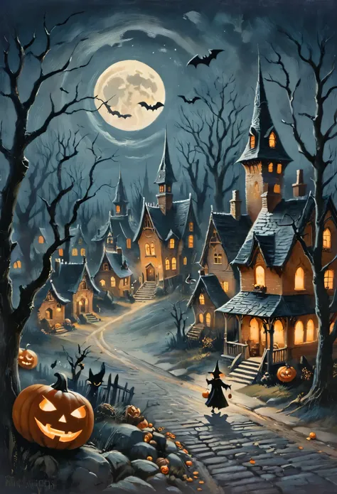 A vintage poster art of a Trick-or-Treat Parade in a spooky Halloween village at night. The scene features children in old-fashioned Halloween costumes like pumpkin heads, witches, and scarecrows parading down cobblestone streets. Gothic-style houses with ...