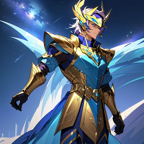 A drawing of a man in a golden and blue futuristic armor, featuring sleek plates that merge seamlessly across the body. Inspired by Knights of the Zodiac, the armors chest plate extends into large, integrated shoulder pieces that flow smoothly from the che...