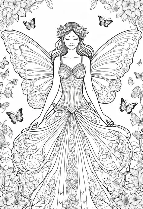 An amazing black and white line art coloring page designed for adults with a white background. A fairy surrounded by flowers and butterflies, with intricate patterns on her dress and wings that allow for a wide variety of coloring details. The illustration...