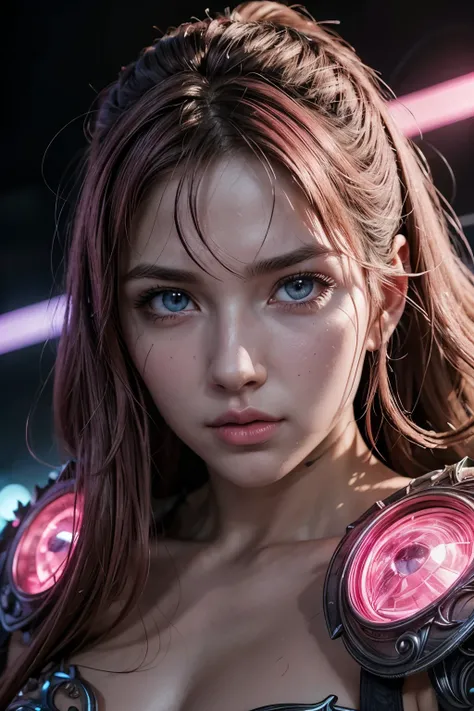 a super pink warrior, beautiful detailed eyes, beautiful detailed lips, extremely detailed eyes and face, long eyelashes, muscular athletic body, powerful pose, dramatic lighting, cinematic angle, intricate fantasy armor, glowing energy effects, vibrant ne...