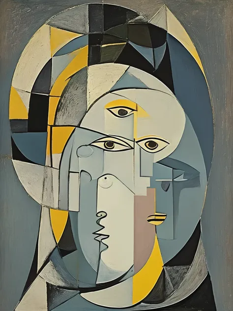 woman and bird, artistic composition, picasso style, circle, triangle,cube, round, gray, black, white, muted colors