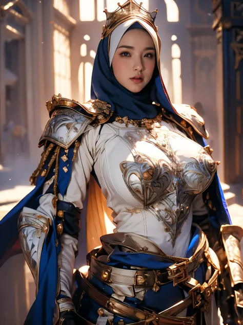 Princess, ((((Wearing the hijab)))), full armor with luxury pattern, Crown Luxury , blue eyes, Blonde, Around , (Red and silver hijab), masterpiece，The best quality at its best，High resolution，8k，((Portraiture))，(Upper Body)，Original photo，Actual photo，Dig...