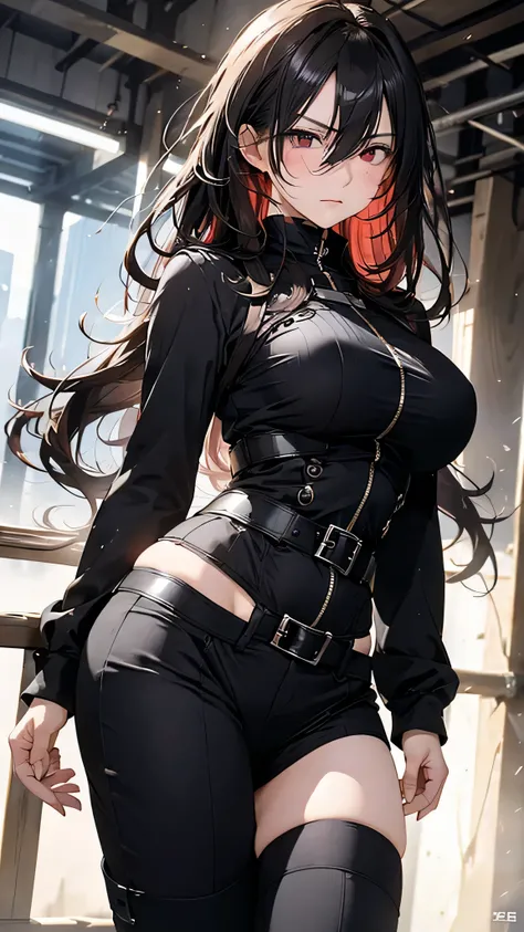 8k resolution,((Best Quality)),Ultra-high resolution,Adult women, Alone, sexy, (Angry face), (Red eyes), A beautiful, symmetrical face, (Black messy long hair,Eye-wide length),Military vest,mercenaryのカーゴパンツ,Realistic:1.4,Realistic:1.4,(masterpiece:1.2),Per...