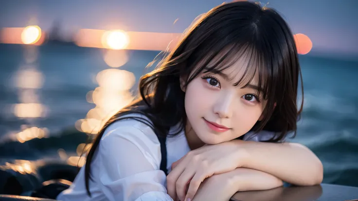 Best Quality,4K,8k,High resolution,masterpiece:1.2,Very detailed,A tired girl,length, Flowing black hair,Delicate features,thinking eyes,White skin,Happy expression,Great atmosphere、Wearing school uniform、Romantic atmosphere、Moonlit night and sea in the ba...